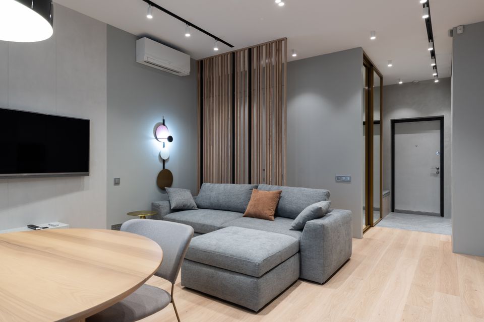 Contemporary living space in calm neutral colours